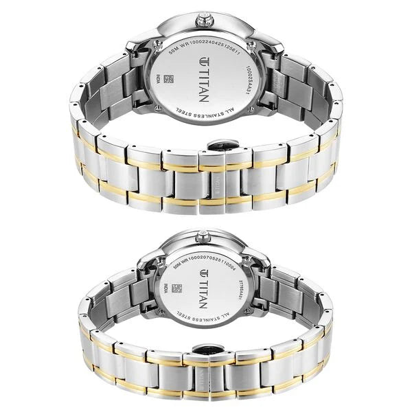Titan White Dial Two Toned Stainless Steel Strap Analog with Day and Date Quartz Watch for Couple