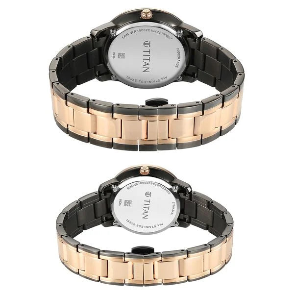 Titan Black Dial Two Toned Stainless Steel Strap Analog with Day and Date Quartz Watch for Couple
