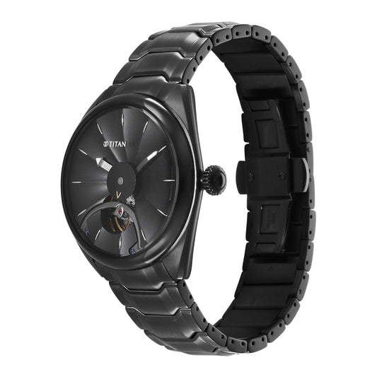Titan Stellar Automatic Black Dial Stainless Steel Strap Watch for Men