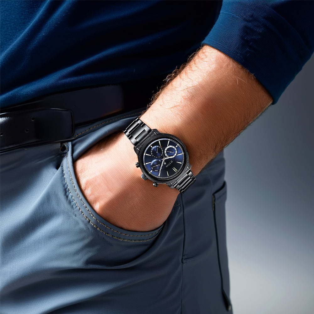 Titan Stellar Multifunction Blue Dial Black Stainless Steel Strap Watch For Men