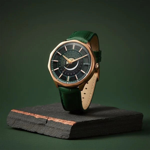 Titan Stellar Analog with Sun Moon Phase and Green Dial Green Leather Strap Watch for Men