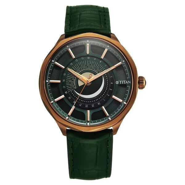Titan Stellar Analog with Sun Moon Phase and Green Dial Green Leather Strap Watch for Men