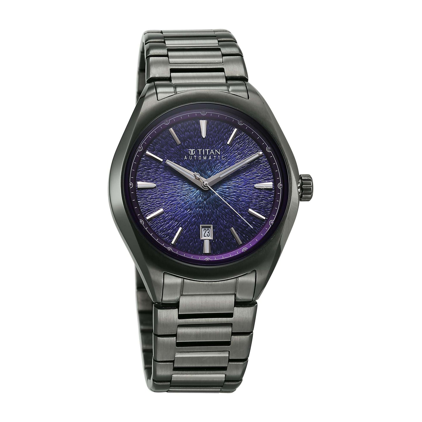 Titan Stellar Starlight Analog with Concealed Automatic and Violet Dial Dark Gun Stainless Steel Strap Watch for Men