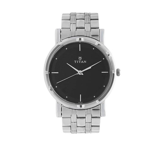 Titan Men's Elegance Watch: Black Dial with Sleek Link Strap