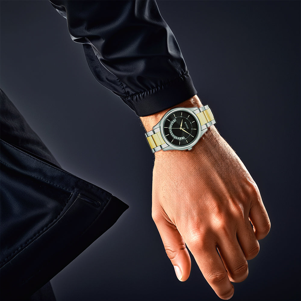 Titan Men's Multifunction Karishma: Two-Tone Steel Elegance Watch