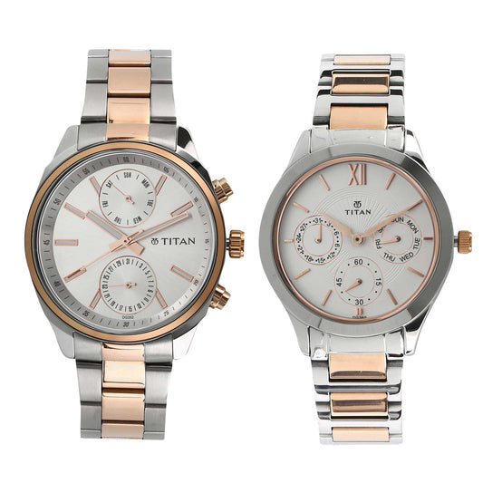 Titan Bandhan White Dial Quartz Multifunction Stainless Steel Strap watch for Couple