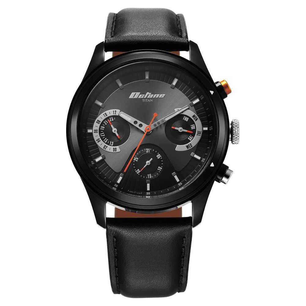 Titan Octane Quartz Multifunction Black Dial With Black Leather Strap Watch For Men