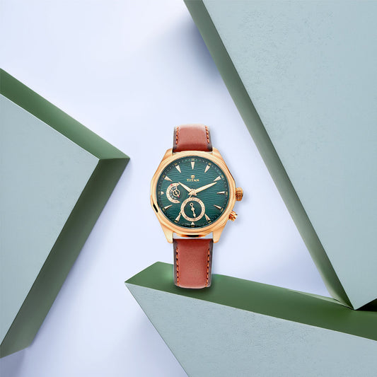 Titan Maritime Green Dial Quartz Multifunction Leather Strap watch for Men