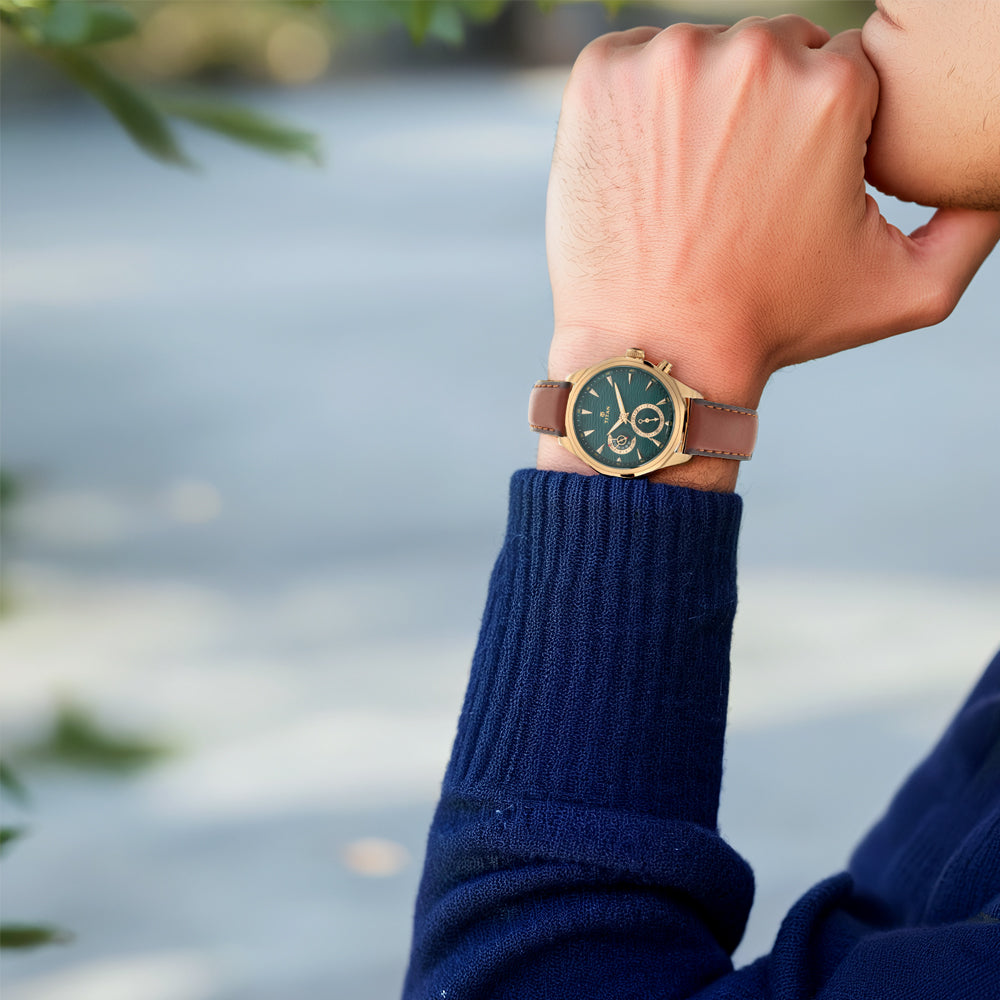 Titan Maritime Green Dial Quartz Multifunction Leather Strap watch for Men