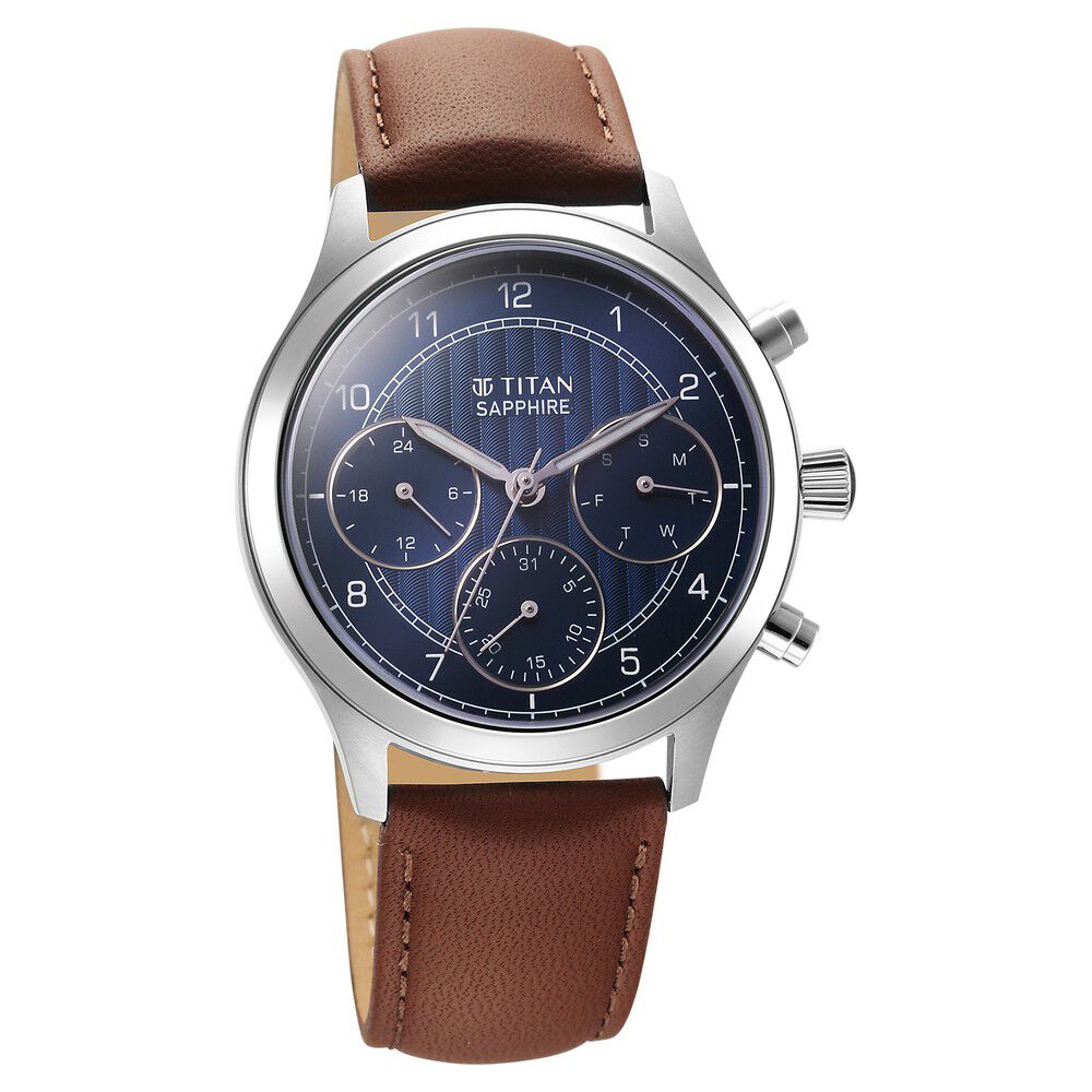 Titan Sapphire Quartz Multifunction Blue Dial Leather Strap Watch for Men