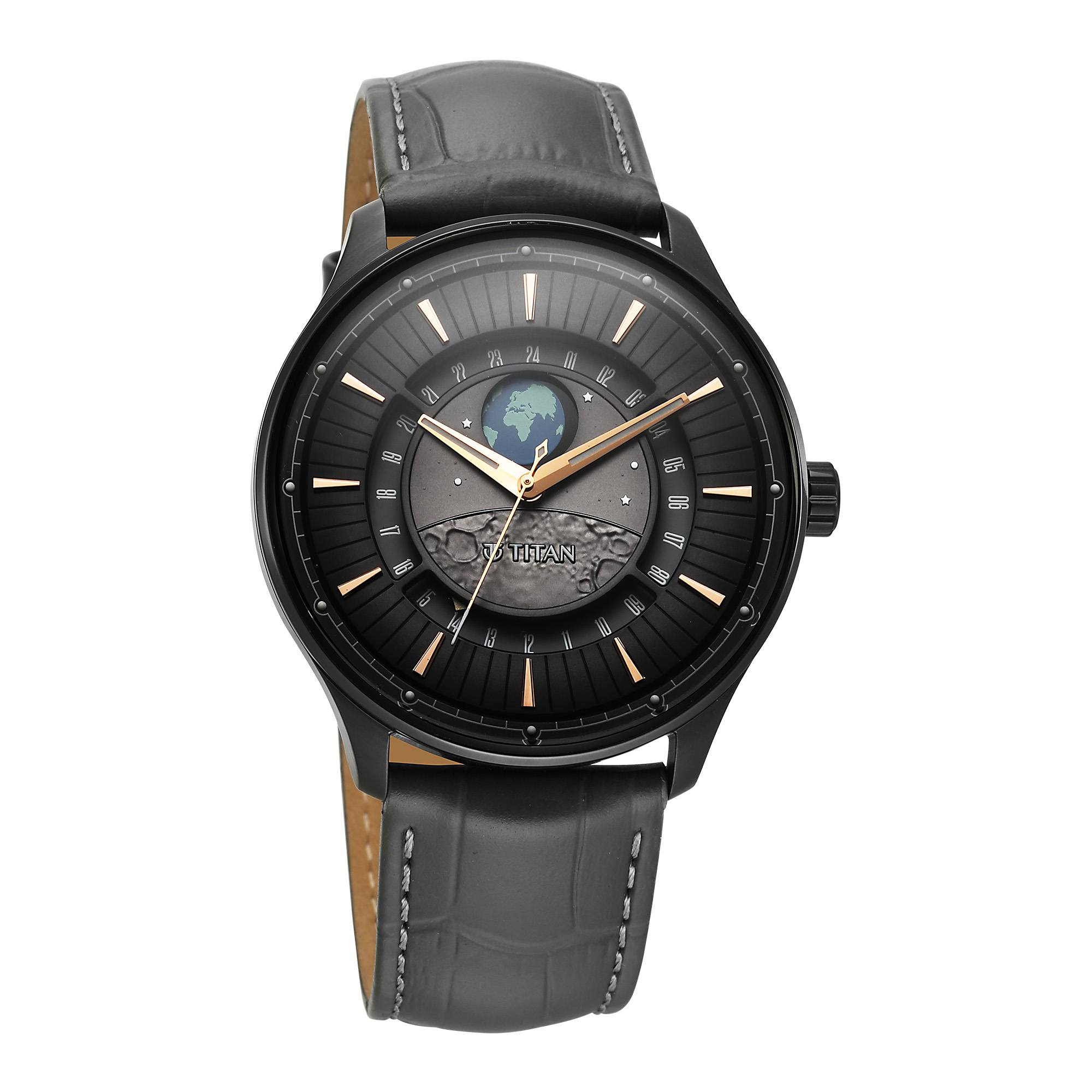 Titan Stellar - 3 Grey Round Dial Leather Strap Watch For Men