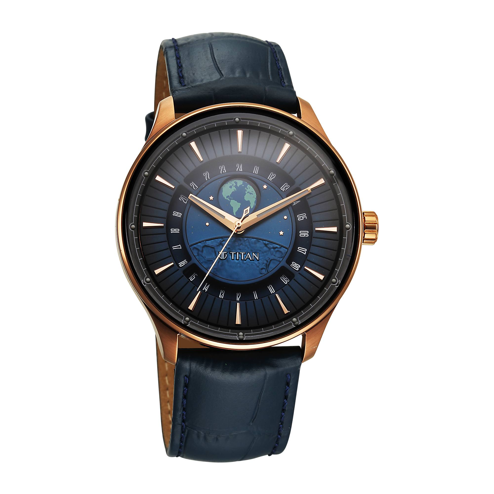 Titan Stellar - 3 Blue Round Dial Leather Strap Watch For Men