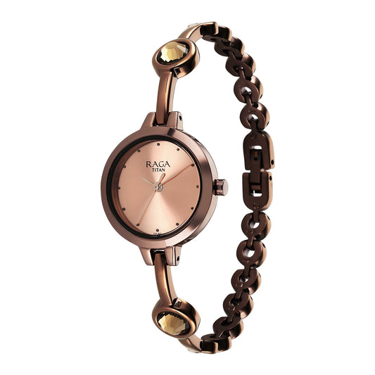 Titan Raga Viva Quartz Analog Rose Gold Dial Brown Metal Strap Watch for Women