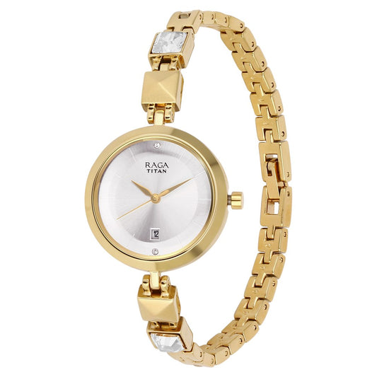 Titan Raga Viva Silver Dial Analog with Date Golden Metal Strap watch for Women