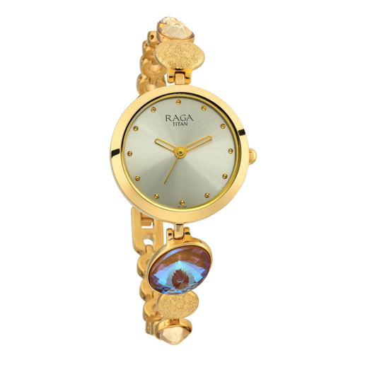 Titan Raga Moments Of Joy Quartz Analog Mother of Pearl Dial Golden Metal Strap Watch For Women