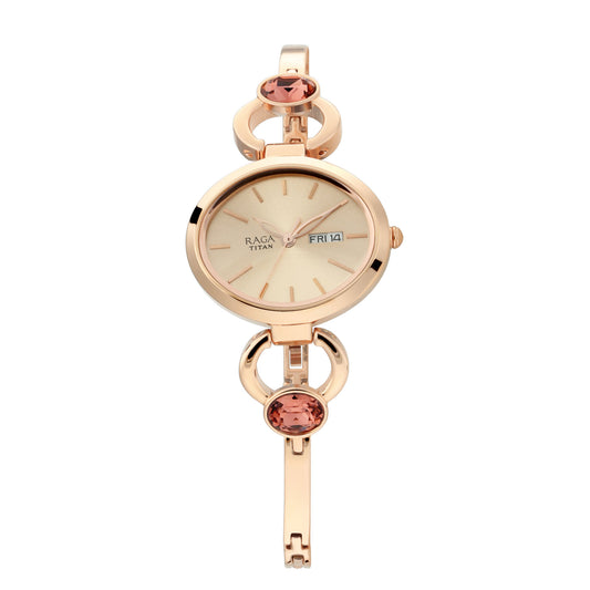 Titan Raga Viva Rose Gold Dial Analog with Day and Date Metal Strap Watch for Women
