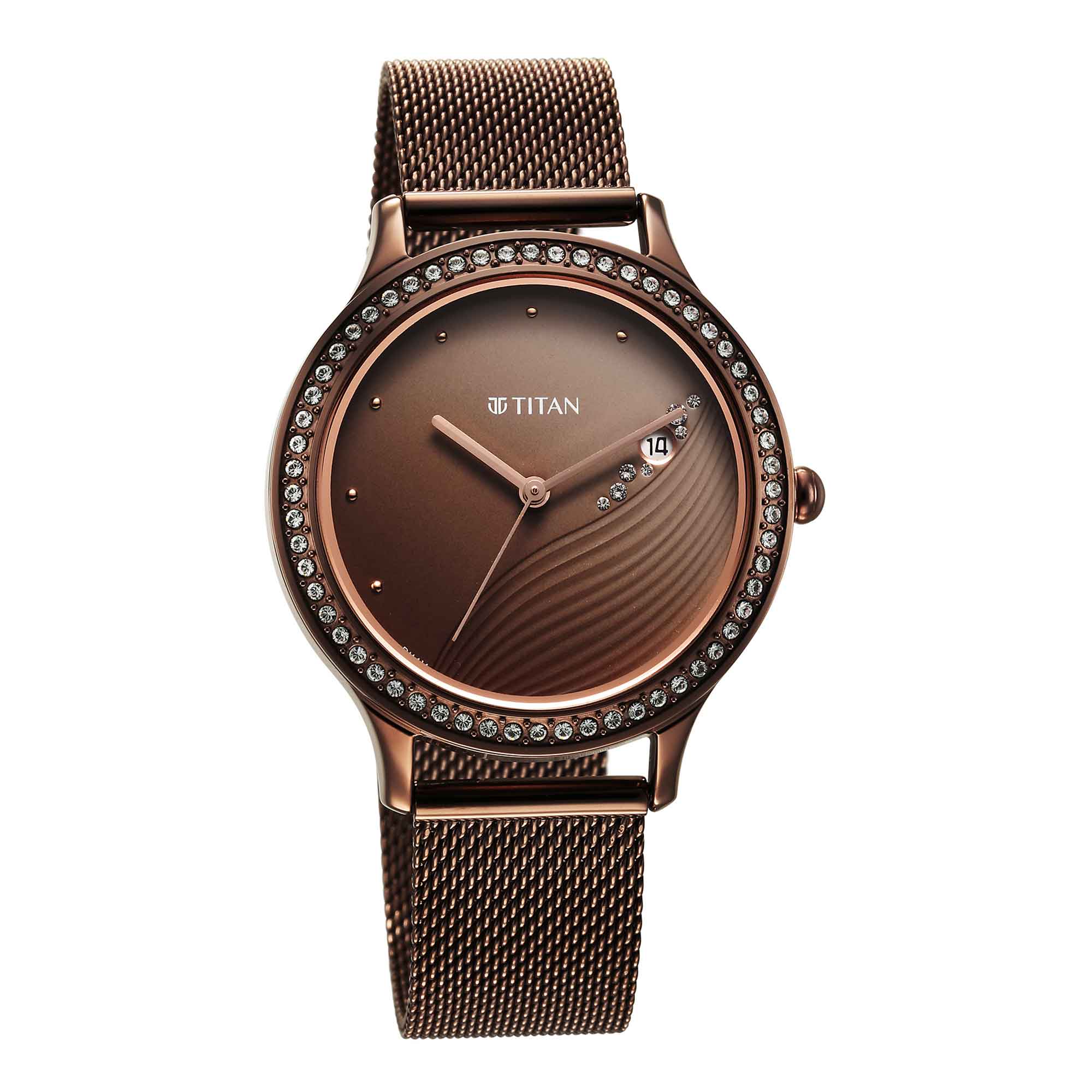 Titan Purple Glam It Up Brown Dial Analog with Date Stainless Steel Strap Watch for Women