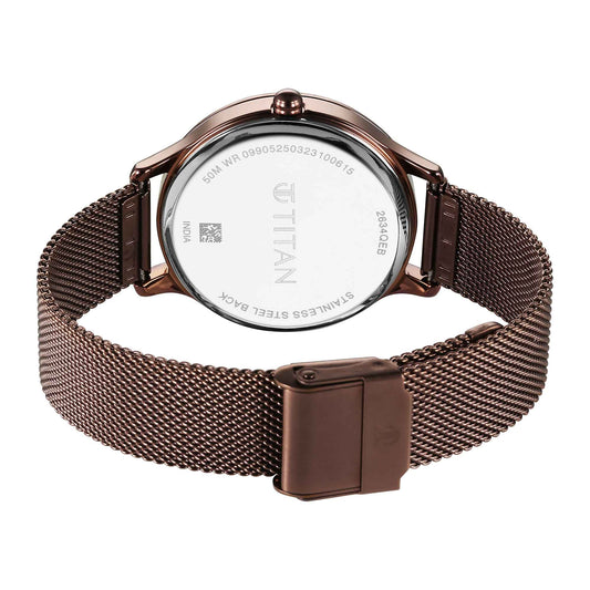 Titan Purple Glam It Up Brown Dial Analog with Date Stainless Steel Strap Watch for Women
