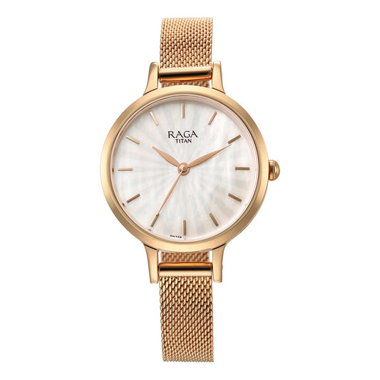 Titan Raga Power Pearls Quartz Analog Mother of Pearl Dial Rose Gold Metal Strap Watch For Women