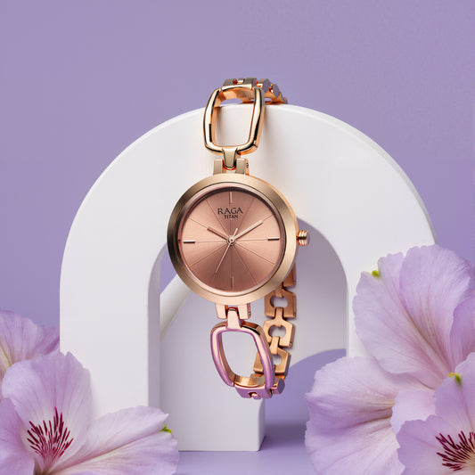 Titan Raga Quartz Analog Rose Gold Round Dial Rose Gold Metal Strap Watch For Women
