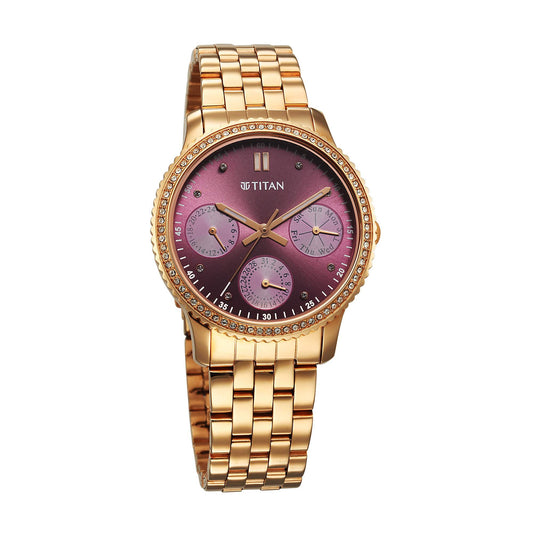 Titan Purple Sports Fashion Stainless Steel Rose Gold Round Shape for Women