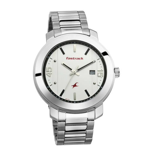 Fastrack Bare Basics Quartz Analog with Date White Dial Stainless Steel Strap Watch for Guys