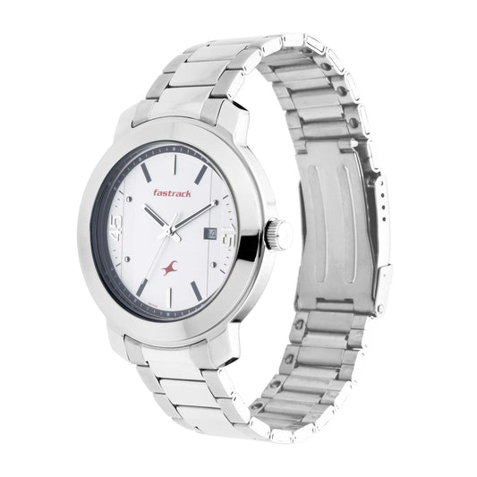 Fastrack Bare Basics Quartz Analog with Date White Dial Stainless Steel Strap Watch for Guys