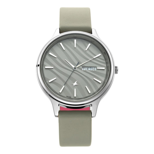 Fastrack Ruffles Quartz Analog with Day and Date Grey Dial Leather Strap Watch for Girls