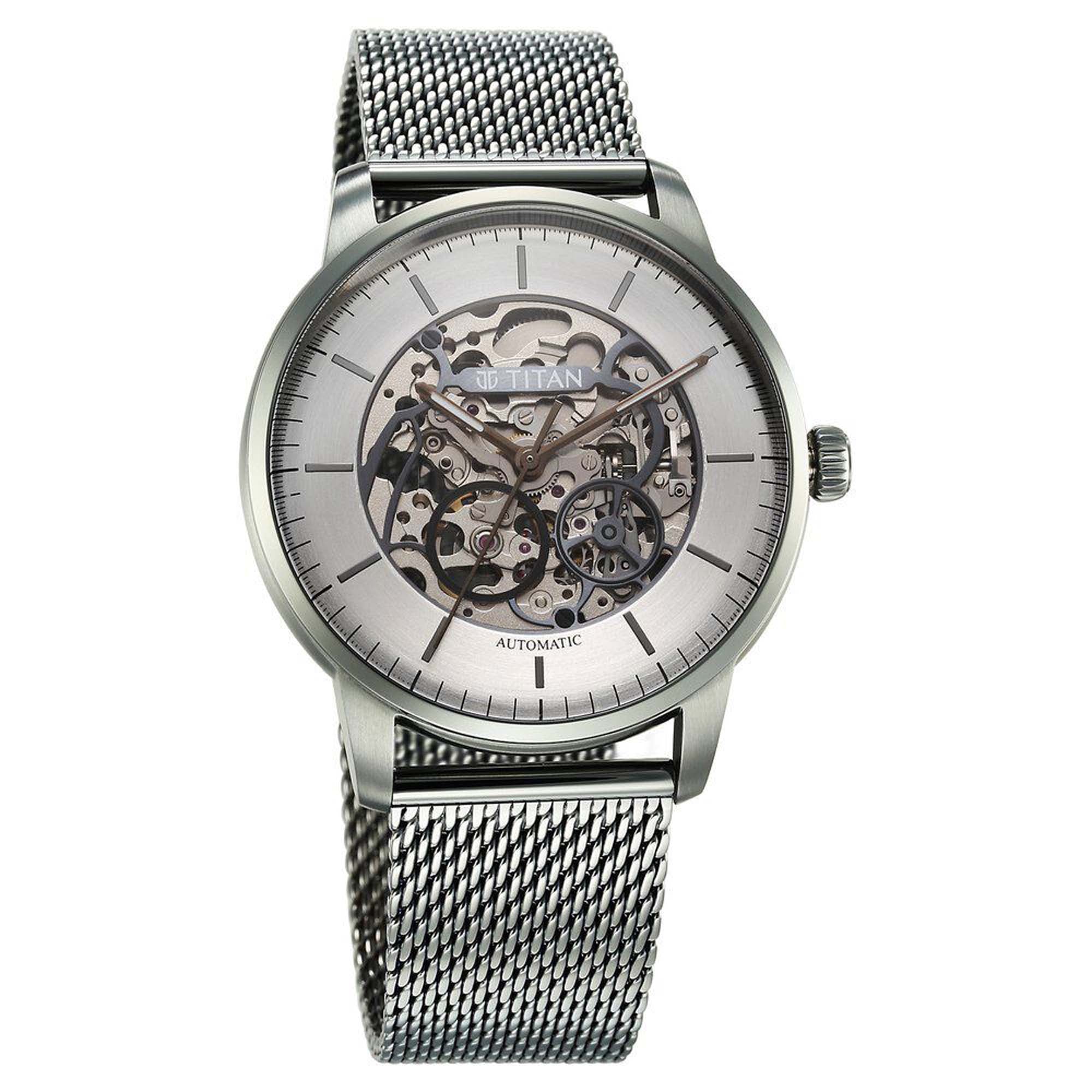 Titan Automatic Silver Dial Grey Color Stainless Steel Strap Watch For Men 90110QM02