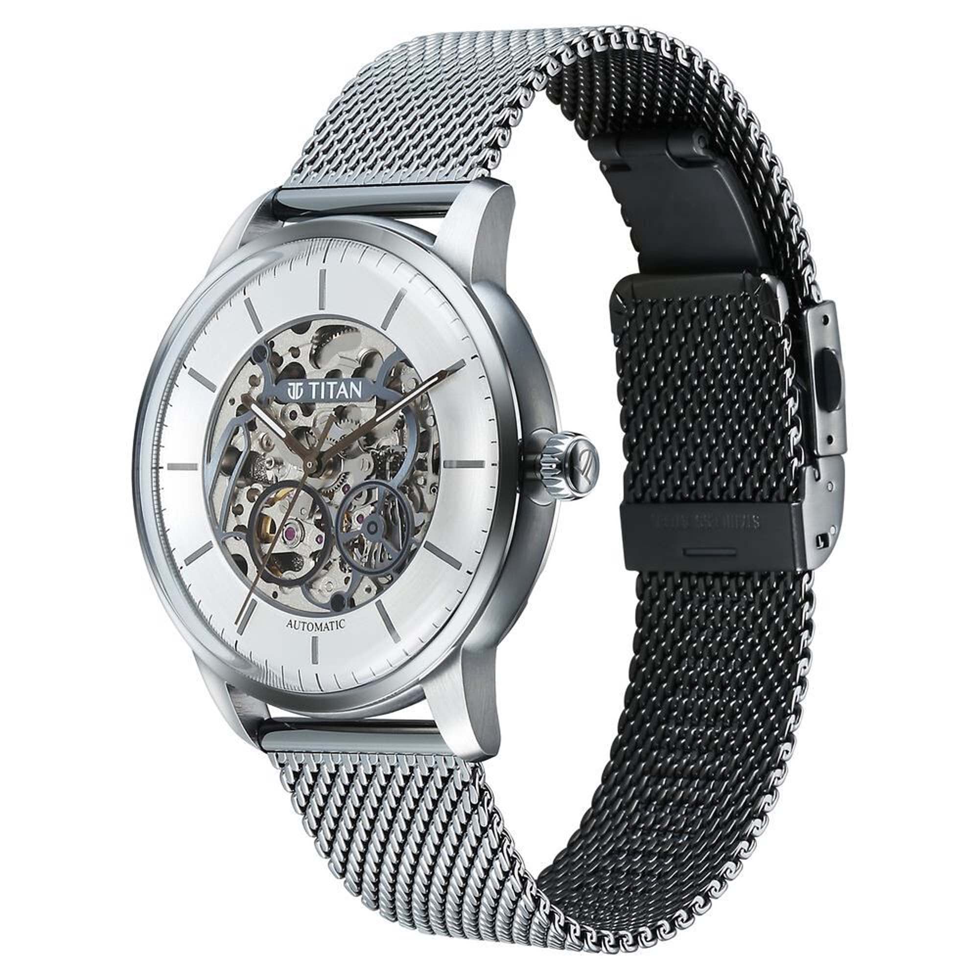 Titan Automatic Silver Dial Grey Color Stainless Steel Strap Watch For Men 90110QM02