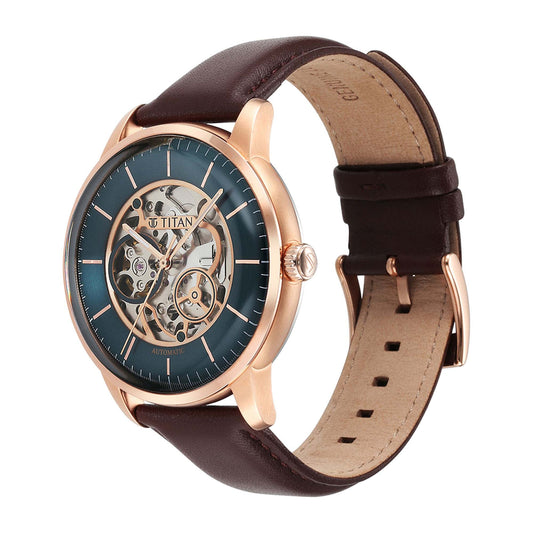 Titan Skeletal Automatic Blue Dial Brown Leather Strap Watch for Men