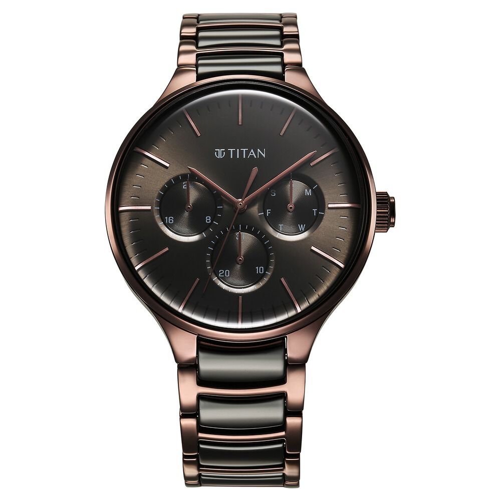 Titan Ceramic Fusion Quartz Multifunction Black Dial With Two Toned Color Stainless Steel Strap Watch For Men