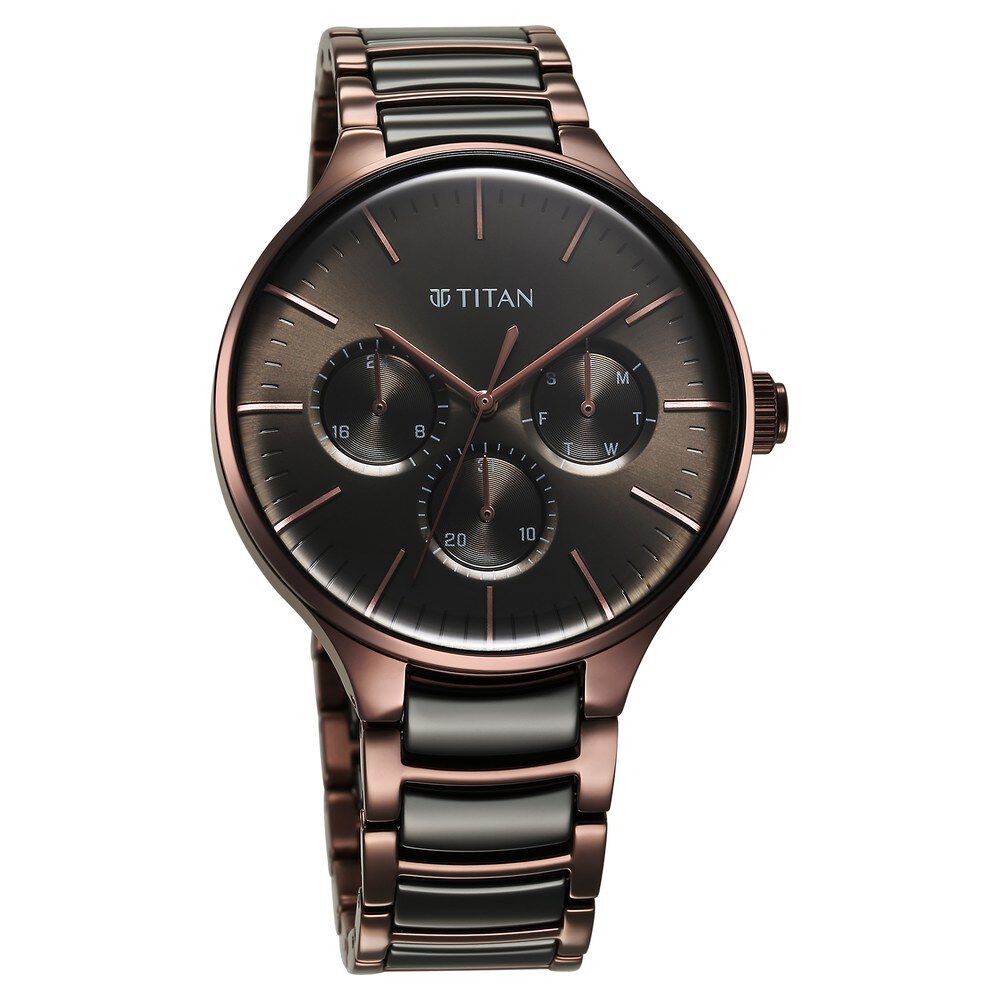 Titan Ceramic Fusion Quartz Multifunction Black Dial With Two Toned Color Stainless Steel Strap Watch For Men