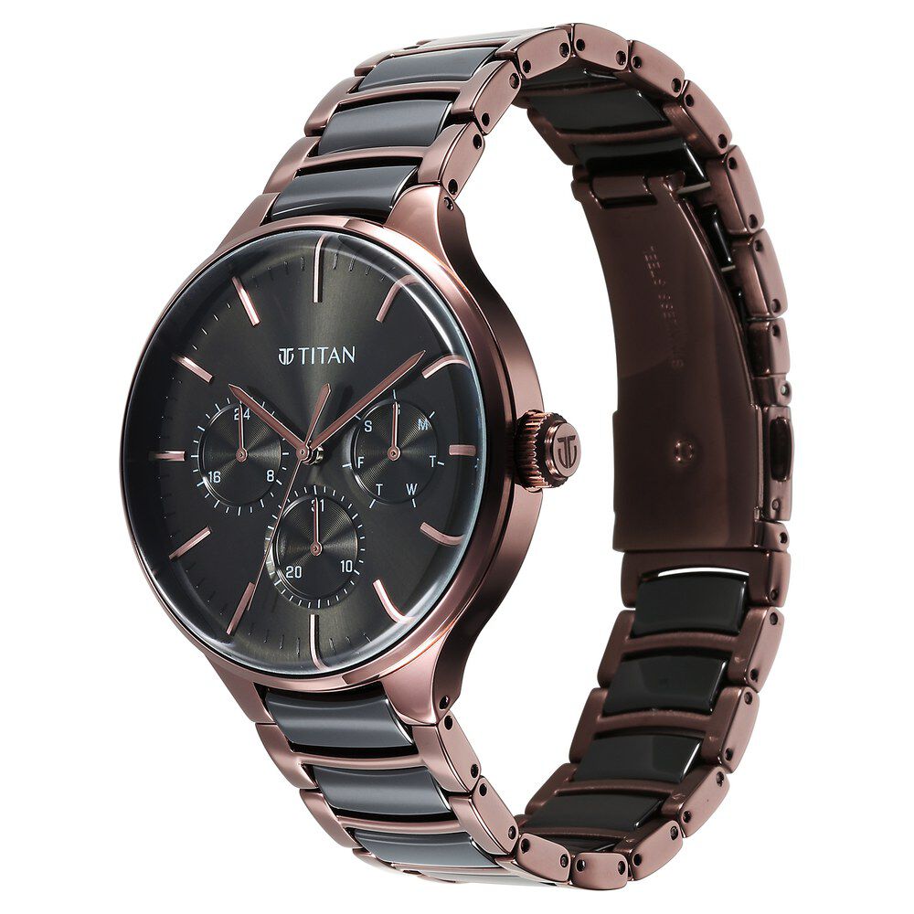 Titan Ceramic Fusion Quartz Multifunction Black Dial With Two Toned Color Stainless Steel Strap Watch For Men
