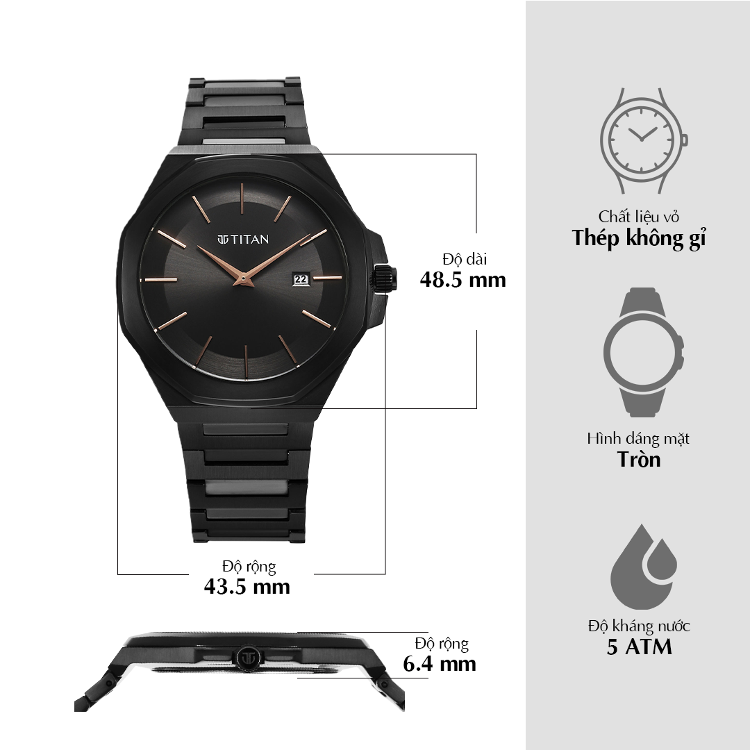 Titan Classic Slim Quartz Analog with Date Black Dial Stainless Steel Strap Watch for Men