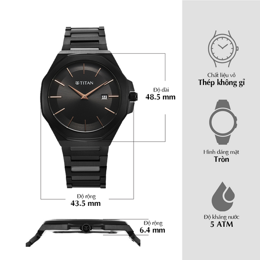 Titan Classic Slim Quartz Analog with Date Black Dial Stainless Steel Strap Watch for Men