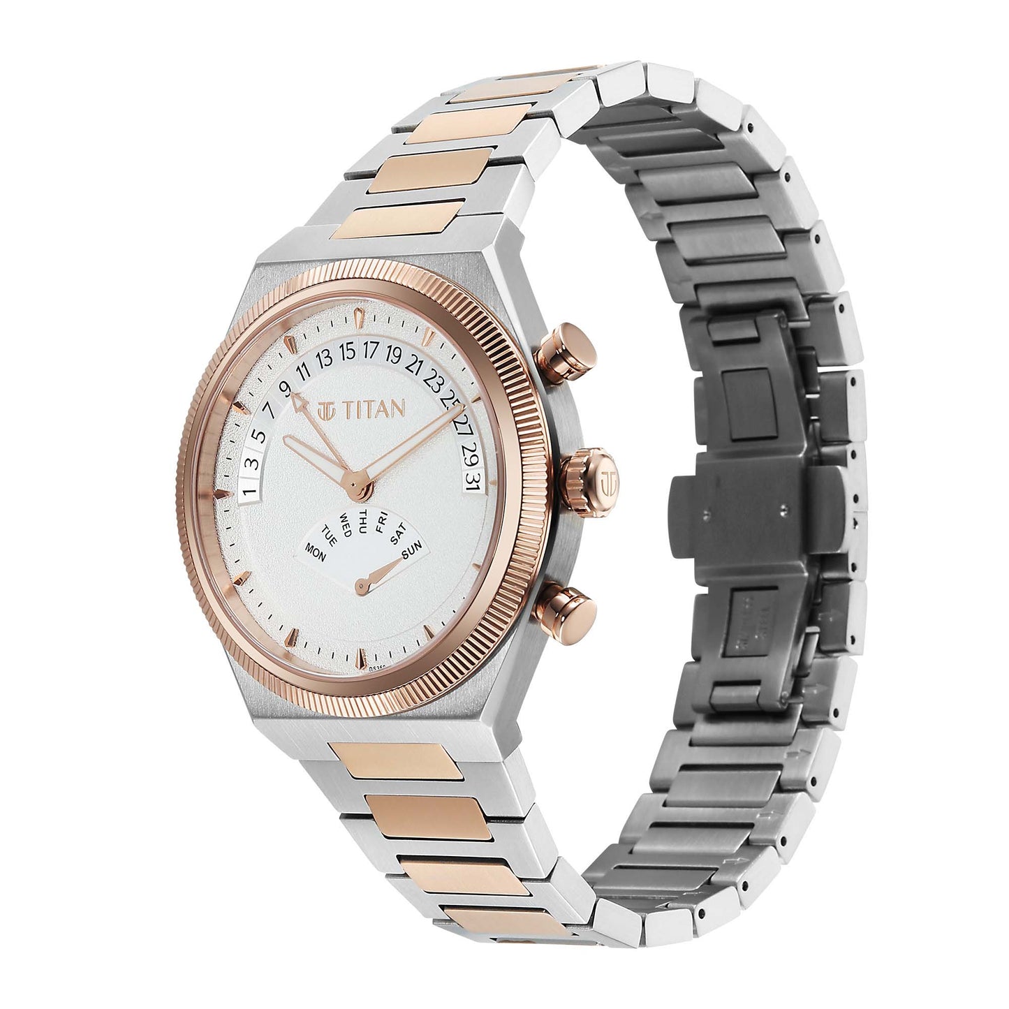 Titan Micromotors Analog with Retrograde Day and Date and Silver Dial Dual Tone Pink Gold Stainless Steel Strap Watch for Men