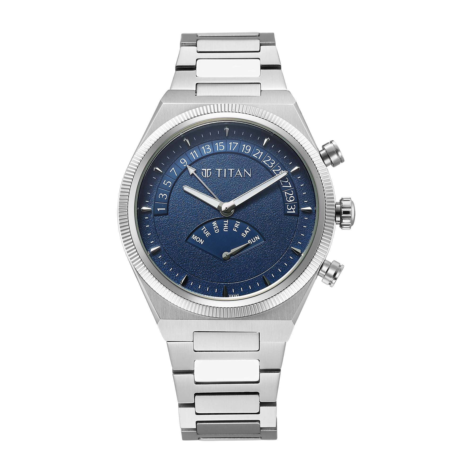 Titan Micromotors Analog with Retrograde Day and Date and Blue Dial Stainless Steel Strap Watch for Men