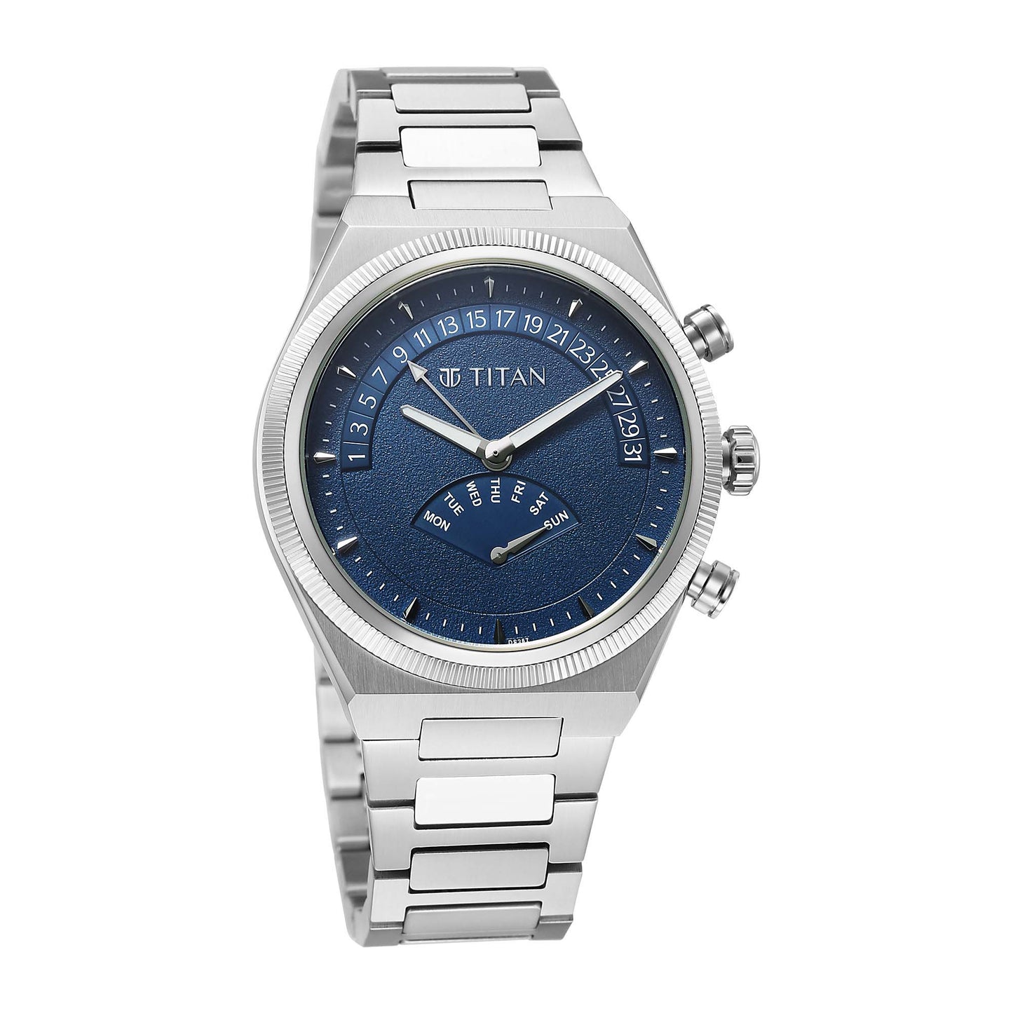 Titan Micromotors Analog with Retrograde Day and Date and Blue Dial Stainless Steel Strap Watch for Men