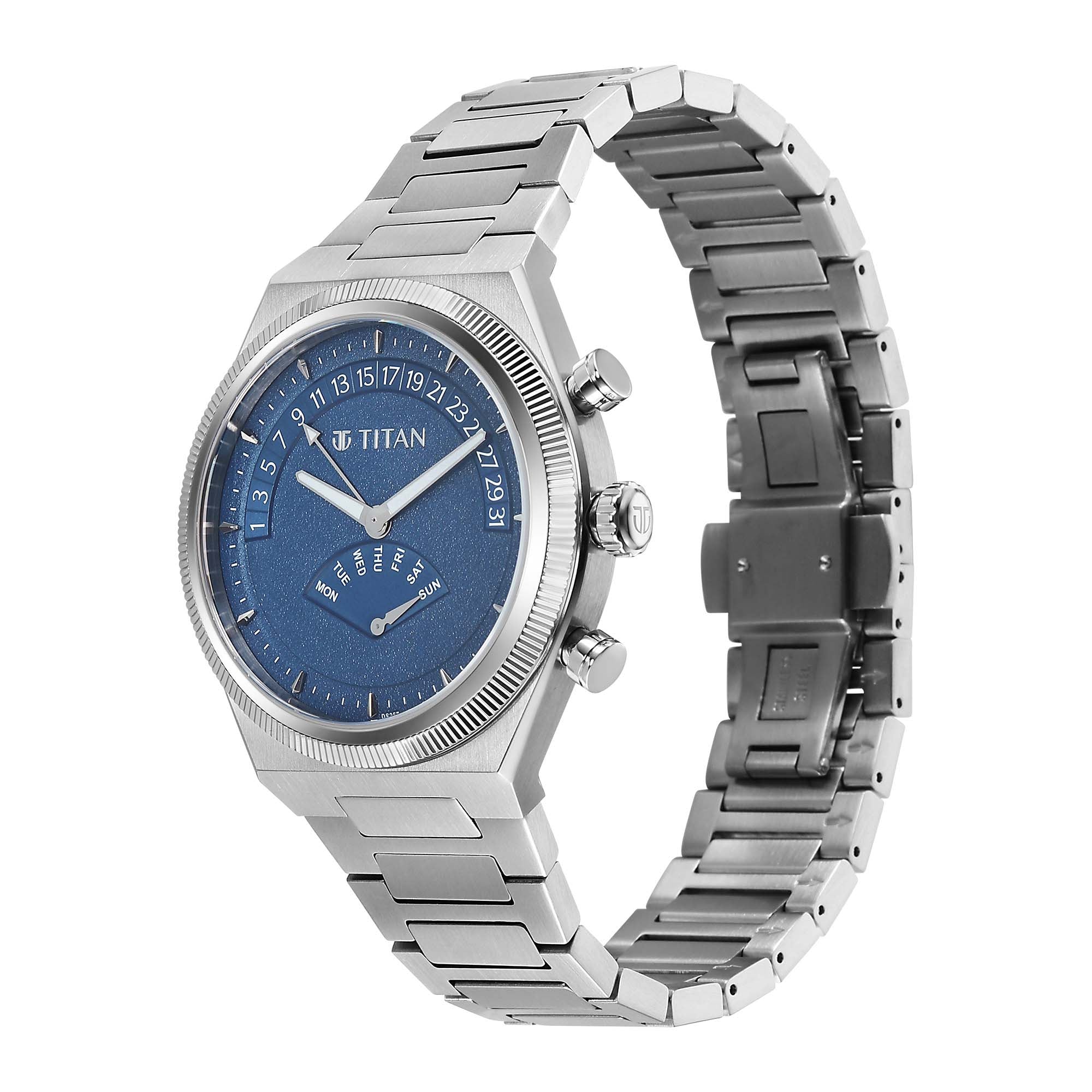Titan Micromotors Analog with Retrograde Day and Date and Blue Dial Stainless Steel Strap Watch for Men