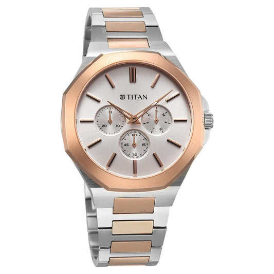 Titan Classic Slim Multifunction Multifunction Silver Dial Multicoloured Stainless Steel Strap Watch For Men