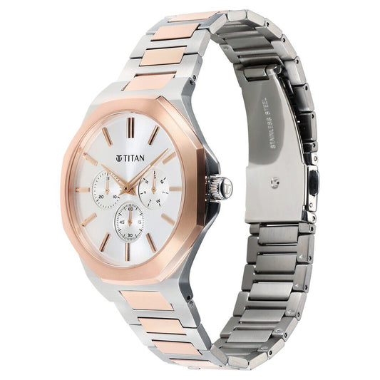 Titan Classic Slim Multifunction Multifunction Silver Dial Multicoloured Stainless Steel Strap Watch For Men