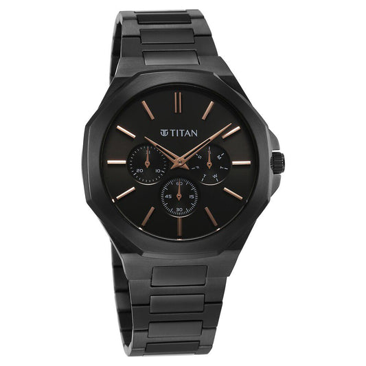 Titan Classic Slim Multifunction Quartz Multifunction Black Dial Stainless Steel Strap Watch For Men
