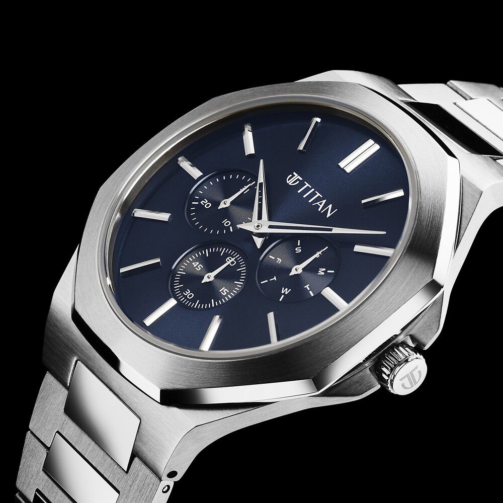 Titan Classic Slim Multifunction Quartz Multifunction Blue Dial Stainless Steel Strap Watch For Men