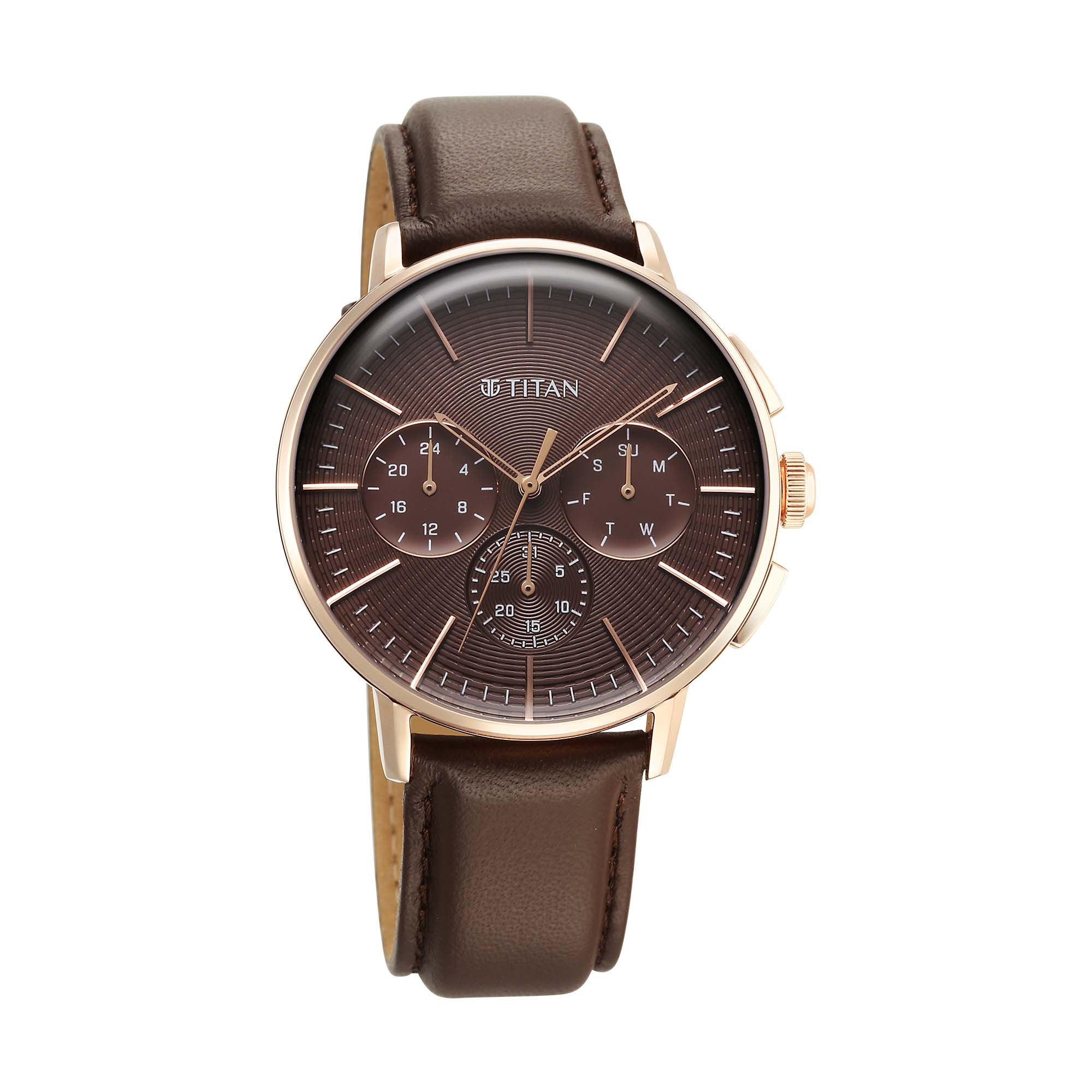 Titan Light leathers Multifunction Brown Dial Leather Strap Watch For Men (90200WL01)