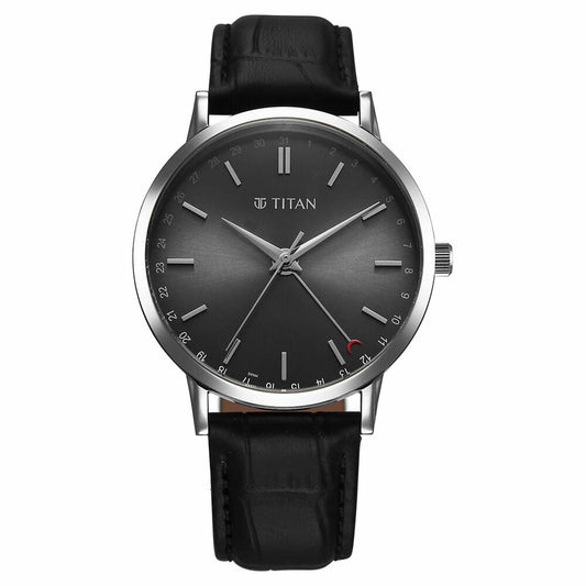 Titan Elegance Analog with Date by Hand and Dark Grey Dial Black Leather Strap Watch for Men