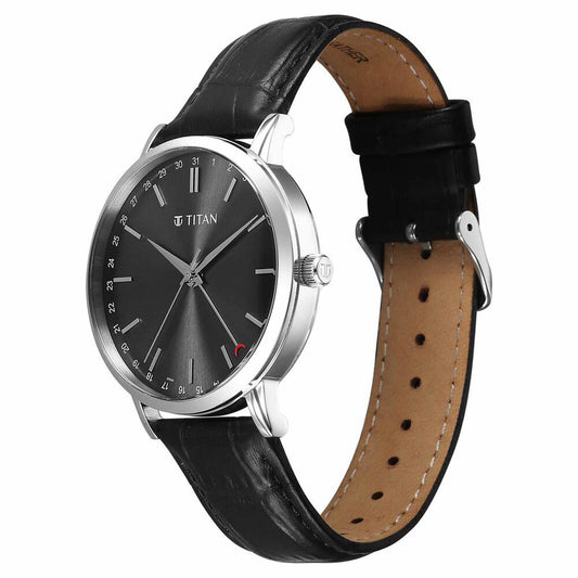 Titan Elegance Analog with Date by Hand and Dark Grey Dial Black Leather Strap Watch for Men