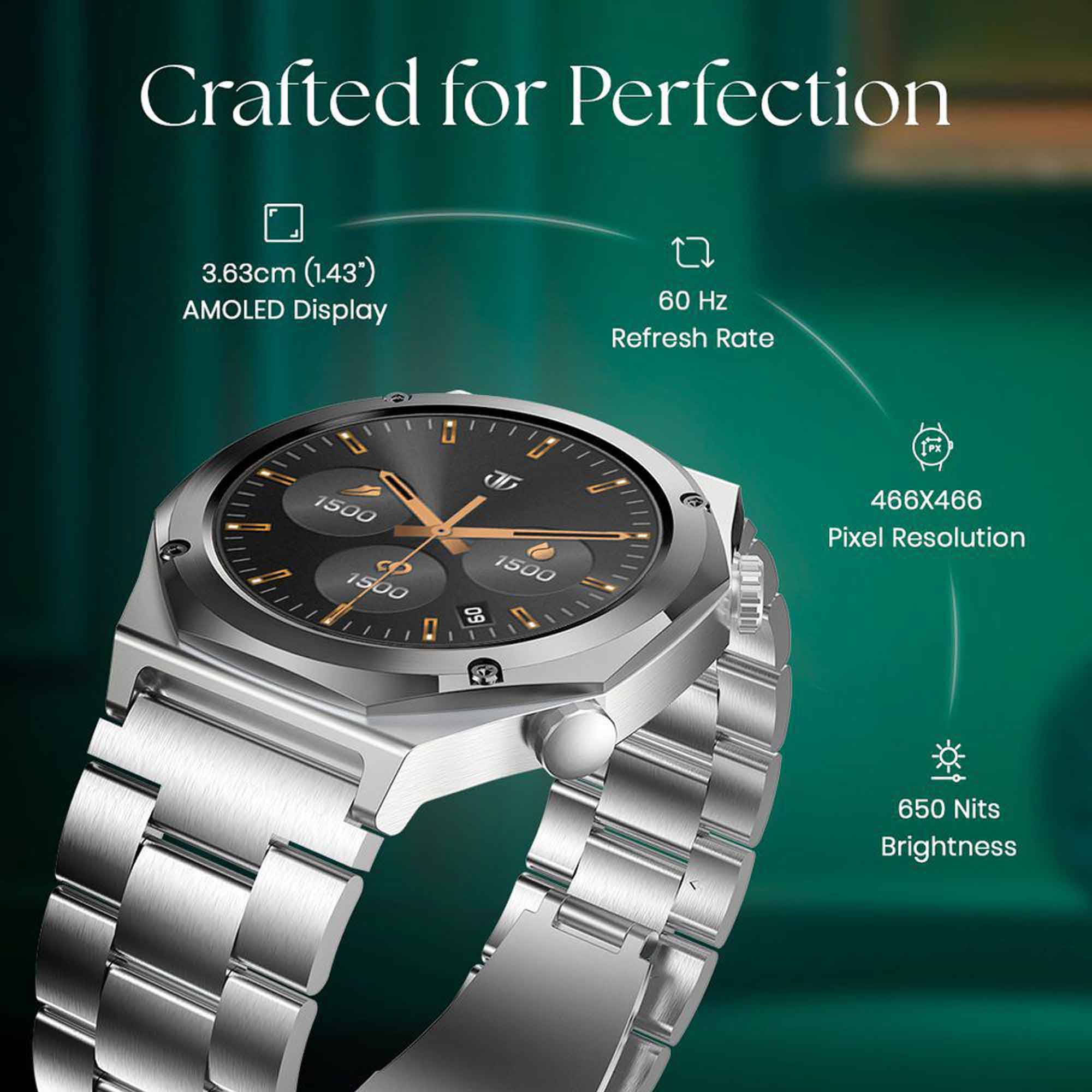 Titan Maestro Premium Metal Smartwatch with All SS construction, SingleSync BT Calling, Functional Crown