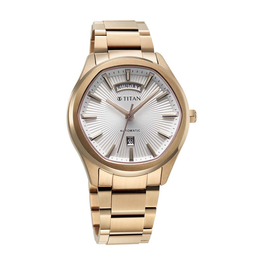 Titan Astral Concealed Automatic Analog with Silver White Dial Carnation Gold Stainless Steel Strap Watch for Men
