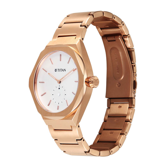 Titan Contour Analog with Small Second and White Dial Rose Gold Stainless Steel Strap Watch for Men